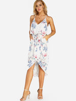 Wholesale White V-Neck Sleeveless Floral Print Lace-Up Irregular Hem Dresses
