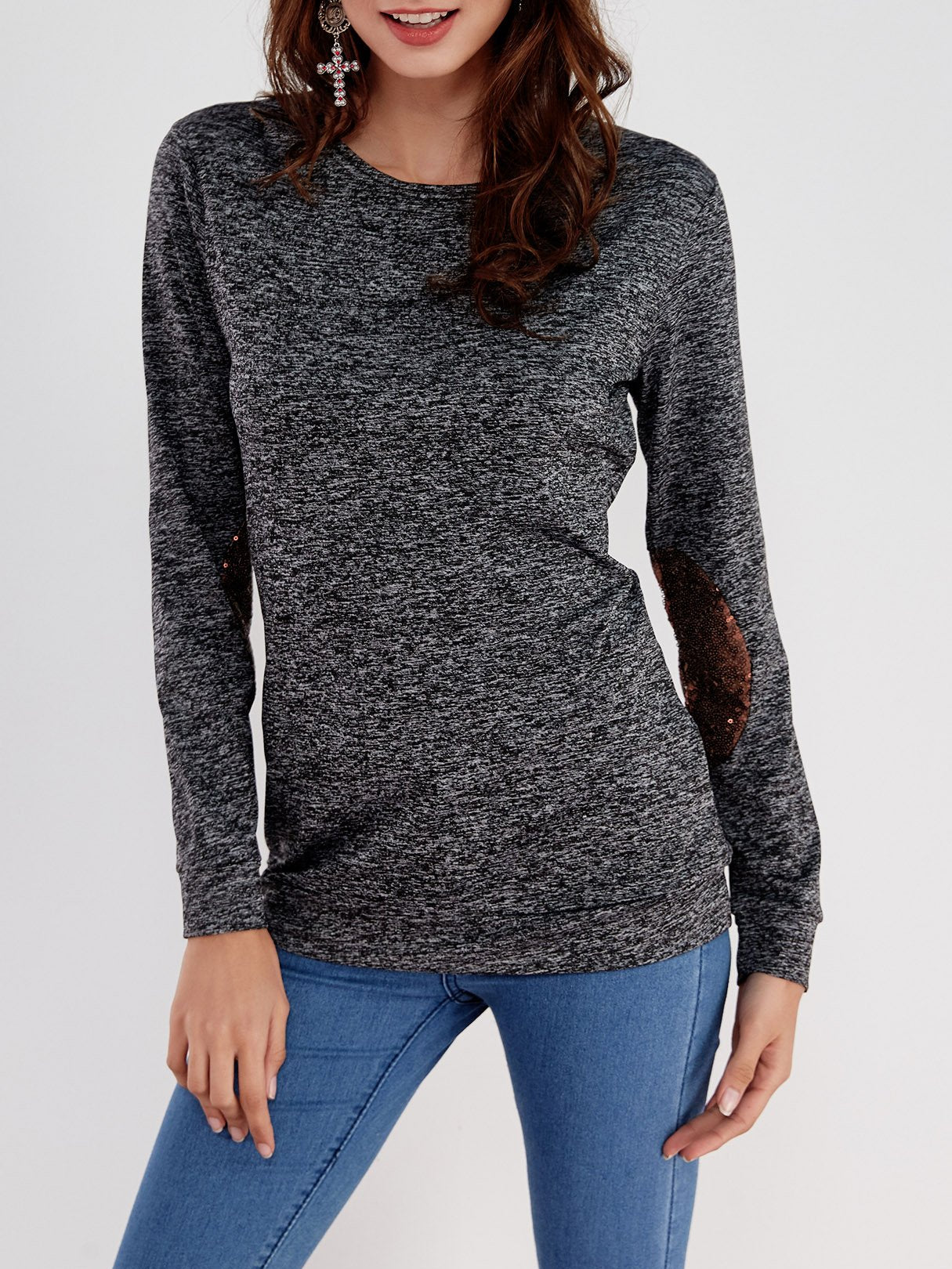 Wholesale Round Neck Plain Sequins Embellished Long Sleeve T-Shirts