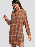 Wholesale Rust V-Neck Long Sleeve Geometrical Curved Hem Dresses