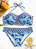 Wholesale Halter V-Neck Printed Backless Tie-Up Sleeveless 2 Piece Bikini