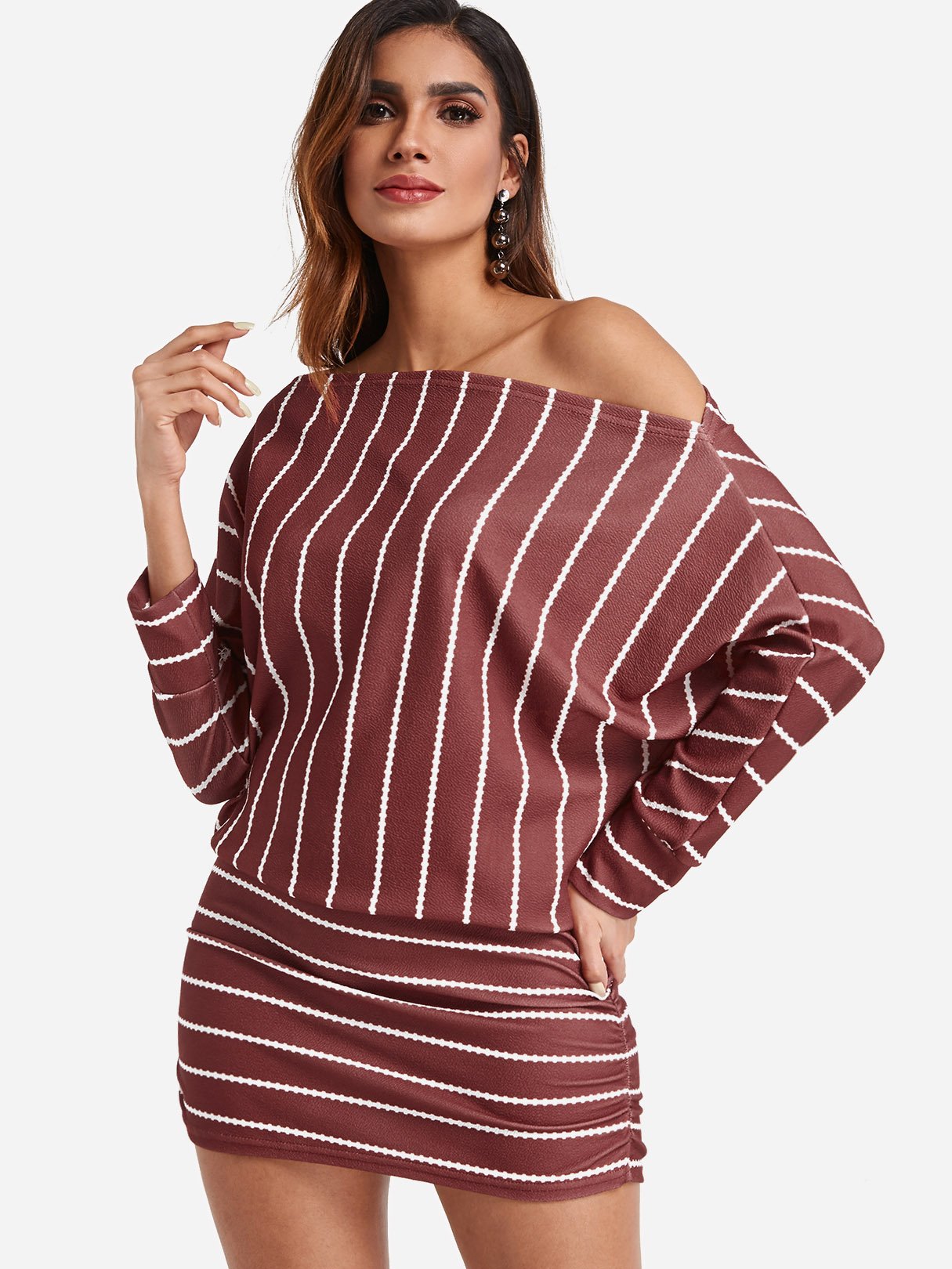 Wholesale Off The Shoulder Long Sleeve Stripe Bodycon Dress