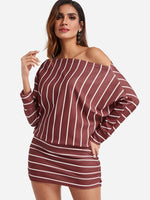 Wholesale Off The Shoulder Long Sleeve Stripe Bodycon Dress