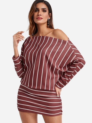 Wholesale Off The Shoulder Long Sleeve Stripe Bodycon Dress