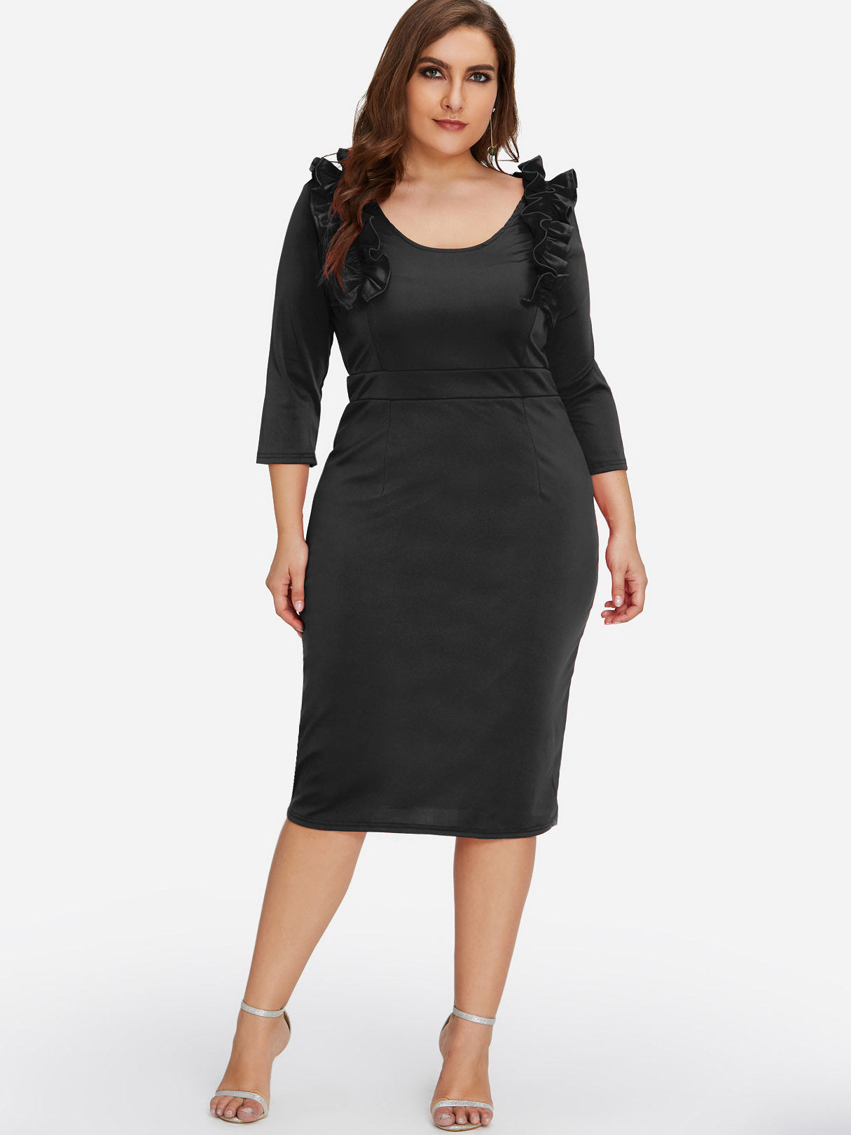 Wholesale Scoop Neck Plain Ruffle Trim 3/4 Sleeve Black Plus Size Dress