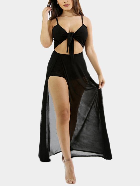 Wholesale Plain Cut Out Sleeveless Slit Hem Black Sexy Dresses