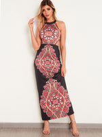 Wholesale Black Halter Sleeveless Printed Backless Sexy Dress