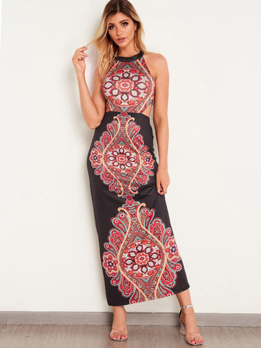 Wholesale Black Halter Sleeveless Printed Backless Sexy Dress