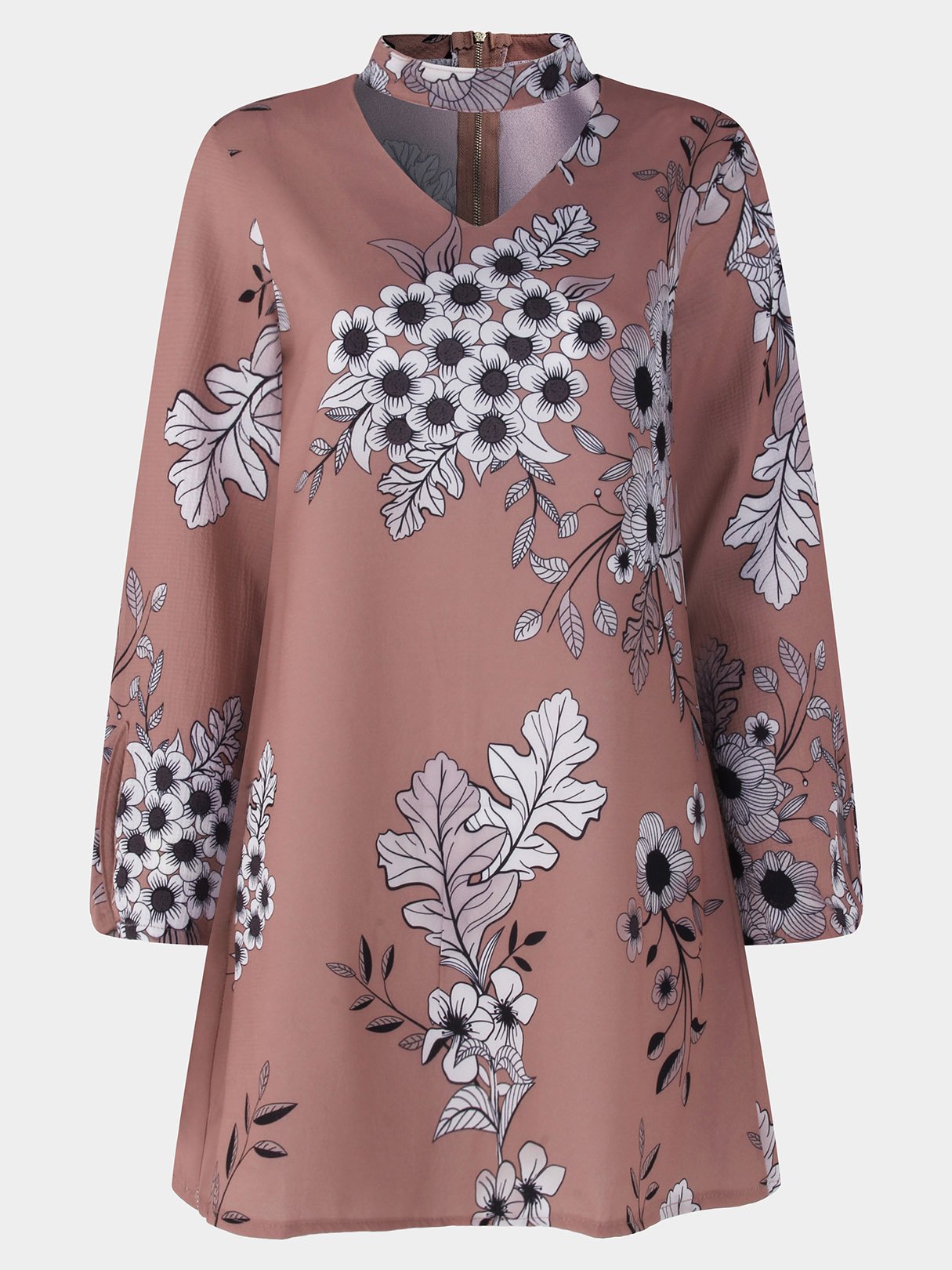 Wholesale V-Neck Long Sleeve Floral Print Zip Back Cut Out Dresses