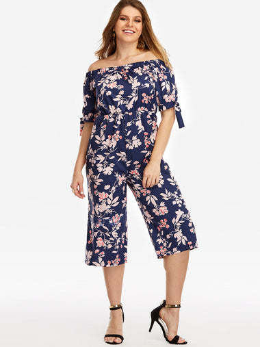 Wholesale Off The Shoulder Floral Print Half Sleeve Navy Plus Size Bottoms