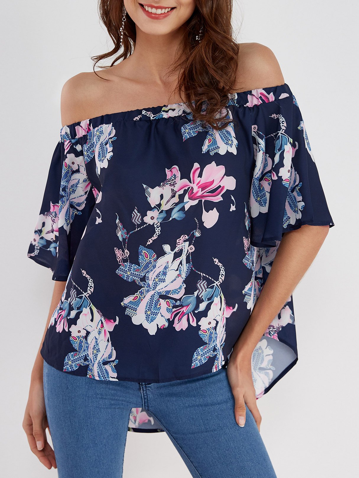 Wholesale Off The Shoulder Floral Print Half Sleeve Blouses