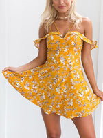 Wholesale Yellow Cold Shoulder Short Sleeve Floral Print Zip Back Backless Dresses