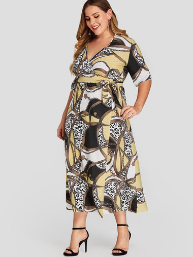 Wholesale V-Neck Scarf Print Wrap Short Sleeve Plus Size Dress