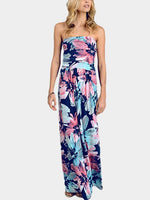 Wholesale Strapless Sleeveless Floral Print Backless Side Pockets Maxi Dress