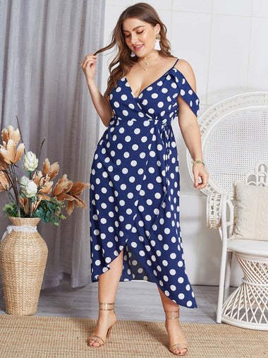 Wholesale Cold Shoulder Deep V Neck Polka Dot Crossed Front Spaghetti Strap Self-Tie Short Sleeve Blue Plus Size Dress