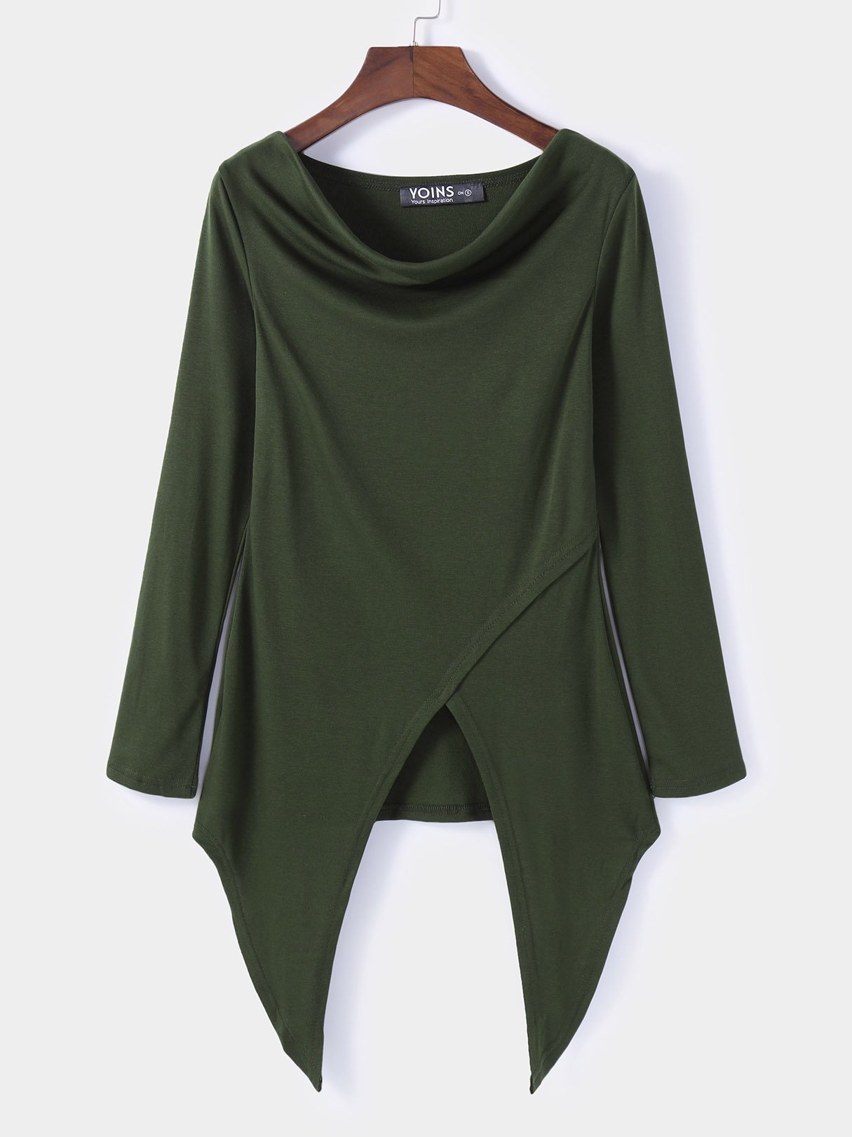 Wholesale Round Neck Long Sleeve Irregular Hem Army Green Top