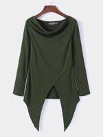 Wholesale Round Neck Long Sleeve Irregular Hem Army Green Top