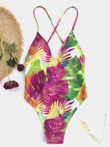 Wholesale V-Neck Floral Print Criss-Cross One-Pieces Swimwears