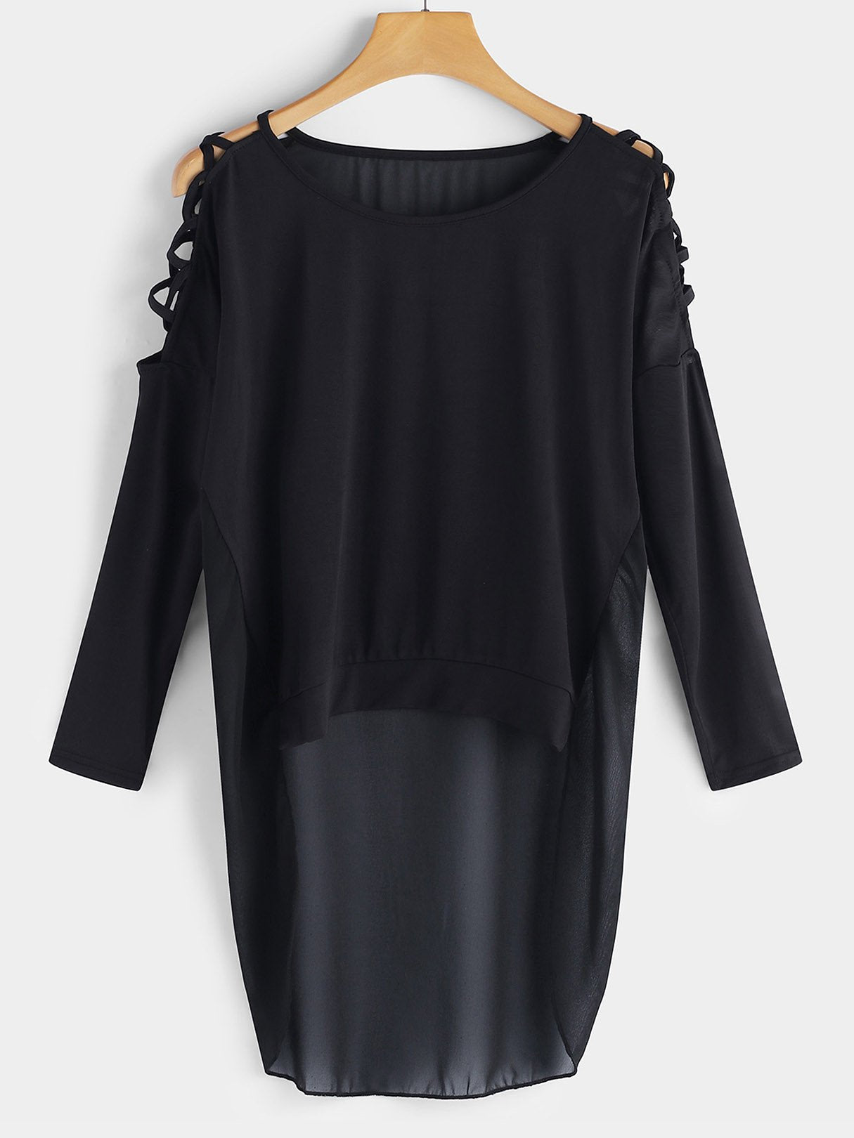Wholesale Round Neck Cold Shoulder Plain Hollow Lace-Up Cut Out Long Sleeve Curved Hem Black Top
