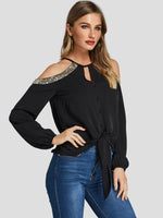 Wholesale Cold Shoulder Plain Cut Out Sequins Embellished Self-Tie Long Sleeve Black Blouses