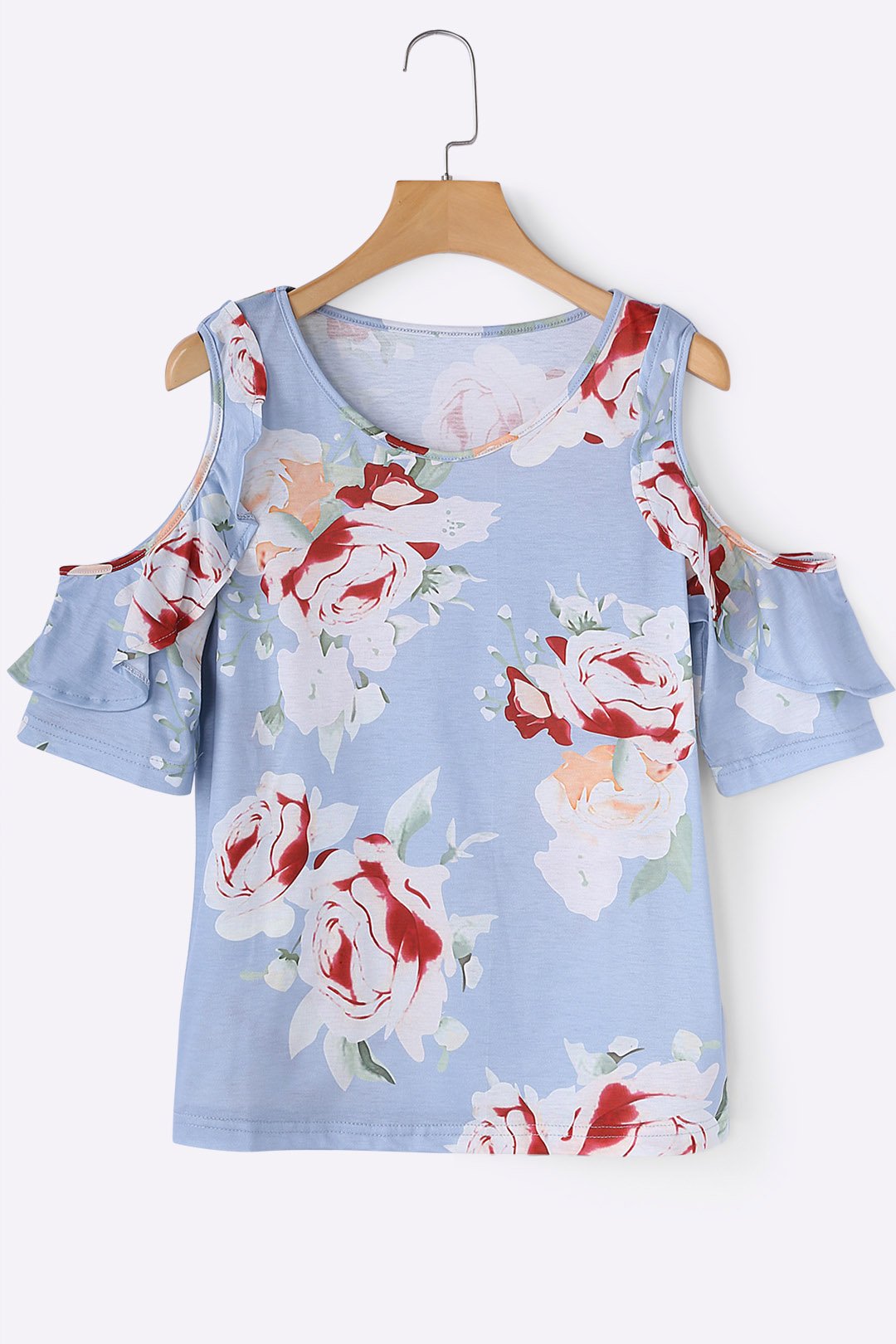 Wholesale Round Neck Cold Shoulder Floral Print Short Sleeve Light Blue T-Shirts