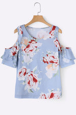 Wholesale Round Neck Cold Shoulder Floral Print Short Sleeve Light Blue T-Shirts