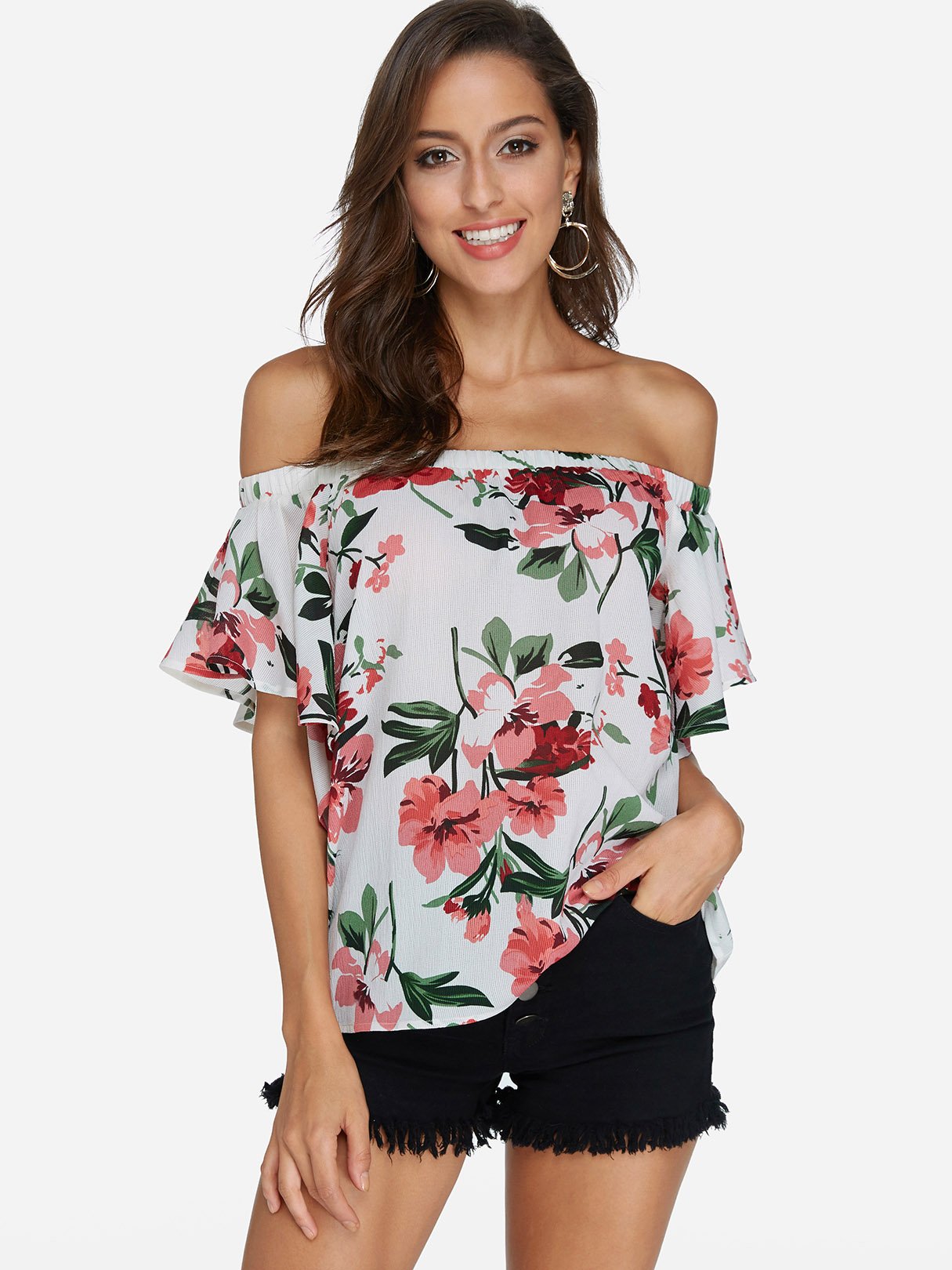 Wholesale Off The Shoulder Floral Print Short Sleeve White Blouses