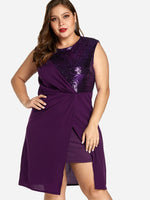 Wholesale Round Neck Sequins Embellished Sleeveless Slit Hem Purple Plus Size Dress
