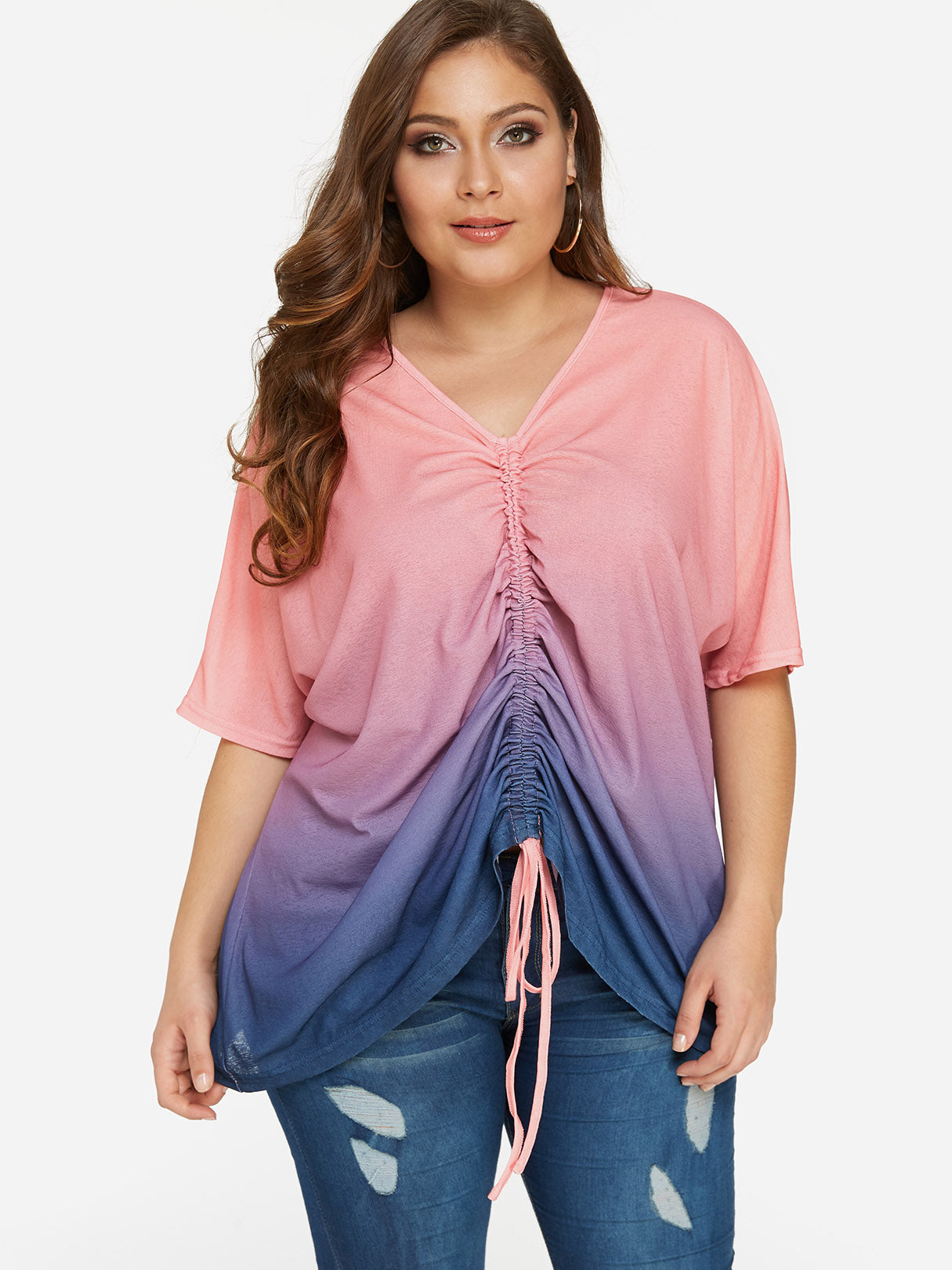 Wholesale V-Neck Fantasy Colour Pleated Half Sleeve Plus Size Tops