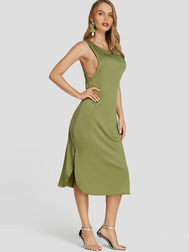 Wholesale Army Green Scoop Neck Sleeveless Plain Slit Midi Dress