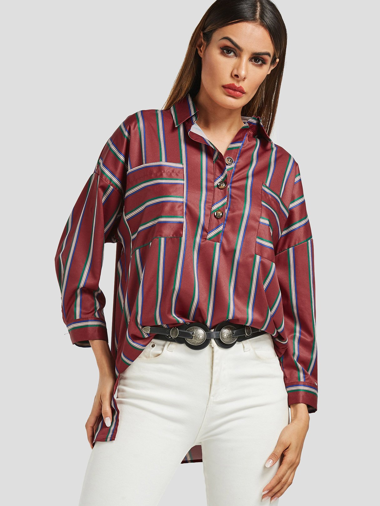 Wholesale Classic Collar Stripe Long Sleeve Burgundy Blouses