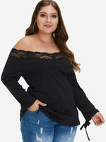 Wholesale Off The Shoulder Plain Lace Self-Tie Long Sleeve Black Plus Size Tops