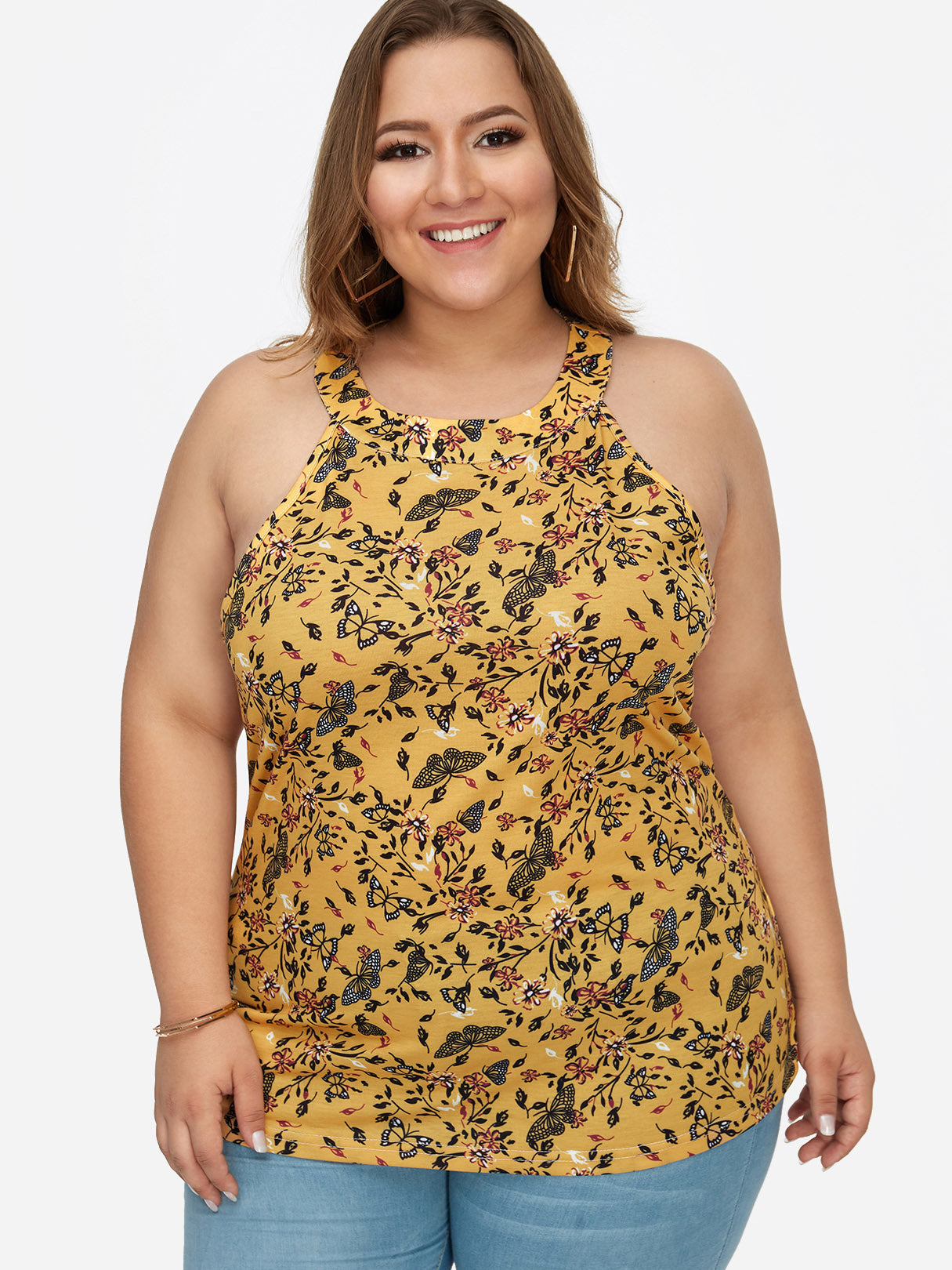 Wholesale Round Neck Floral Print Calico Cut Out Sleeveless Yellow Plus Size Tops