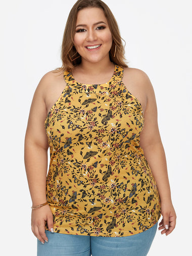 Wholesale Round Neck Floral Print Calico Cut Out Sleeveless Yellow Plus Size Tops