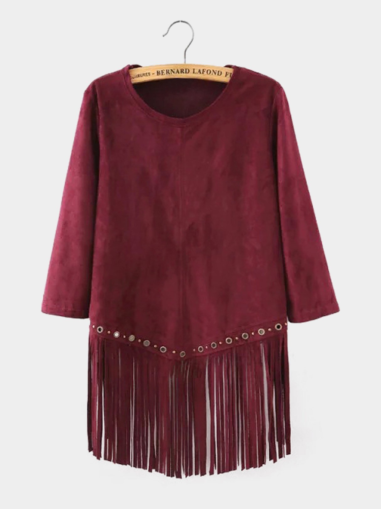 Wholesale Round Neck Tassel 3/4 Sleeve Tassel Hem Burgundy Top