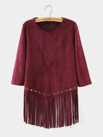 Wholesale Round Neck Tassel 3/4 Sleeve Tassel Hem Burgundy Top