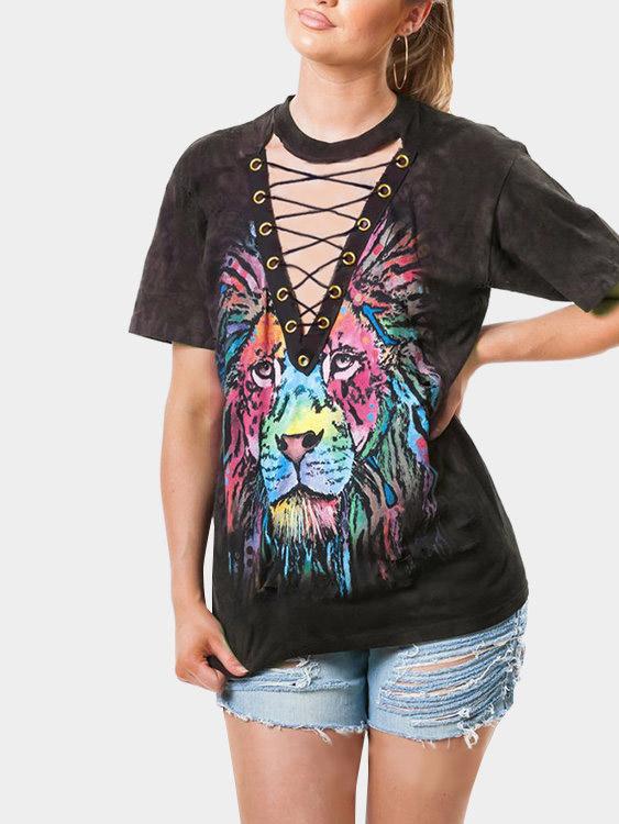 Wholesale V-Neck Animal Lace-Up Short Sleeve Black T-Shirts