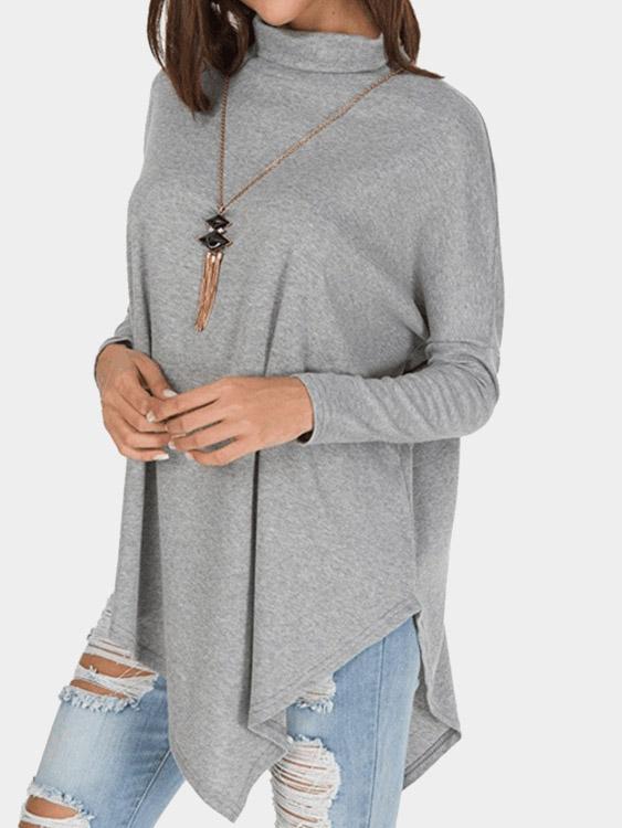 Wholesale Roll Neck Plain Long Sleeve Irregular Hem Grey T-Shirts