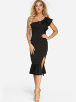 Wholesale Black One Shoulder Sleeveless Plain Backless Slit Flounced Hem Sexy Dresses