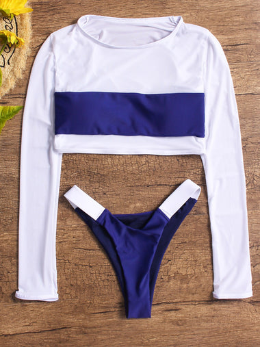 Wholesale Round Neck Stripe Long Sleeve White Bikinis