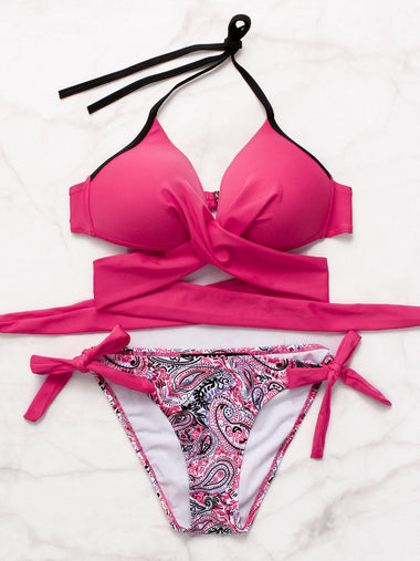 Wholesale Halter Sleeveless Crossed Front Lace-Up Tie-Up Bikinis