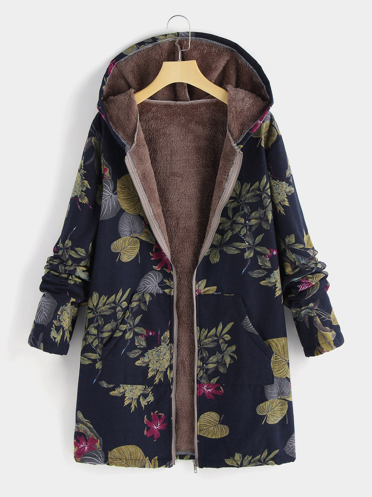Wholesale Floral Print Zip Back Hooded Long Sleeve Plus Size Coats & Jackets