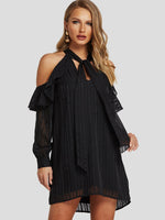 Wholesale Black Cold Shoulder Long Sleeve Tiered Self-Tie Mini Dresses