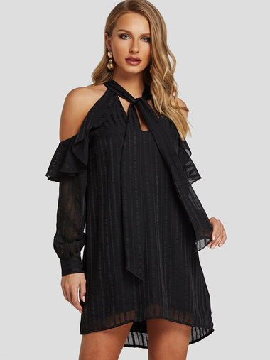 Wholesale Black Cold Shoulder Long Sleeve Tiered Self-Tie Mini Dresses