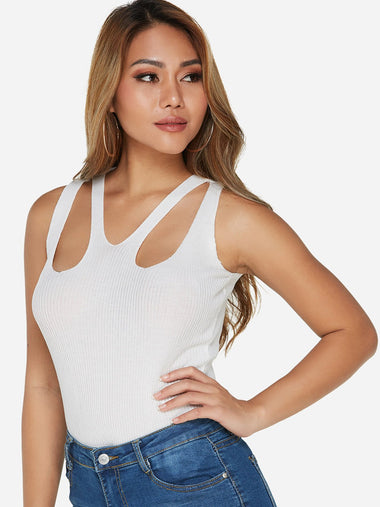 Wholesale V-Neck Plain Cut Out Sleeveless White Tank Top