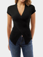 Wholesale V-Neck Plain Crossed Front Short Sleeve Irregular Hem Black Top