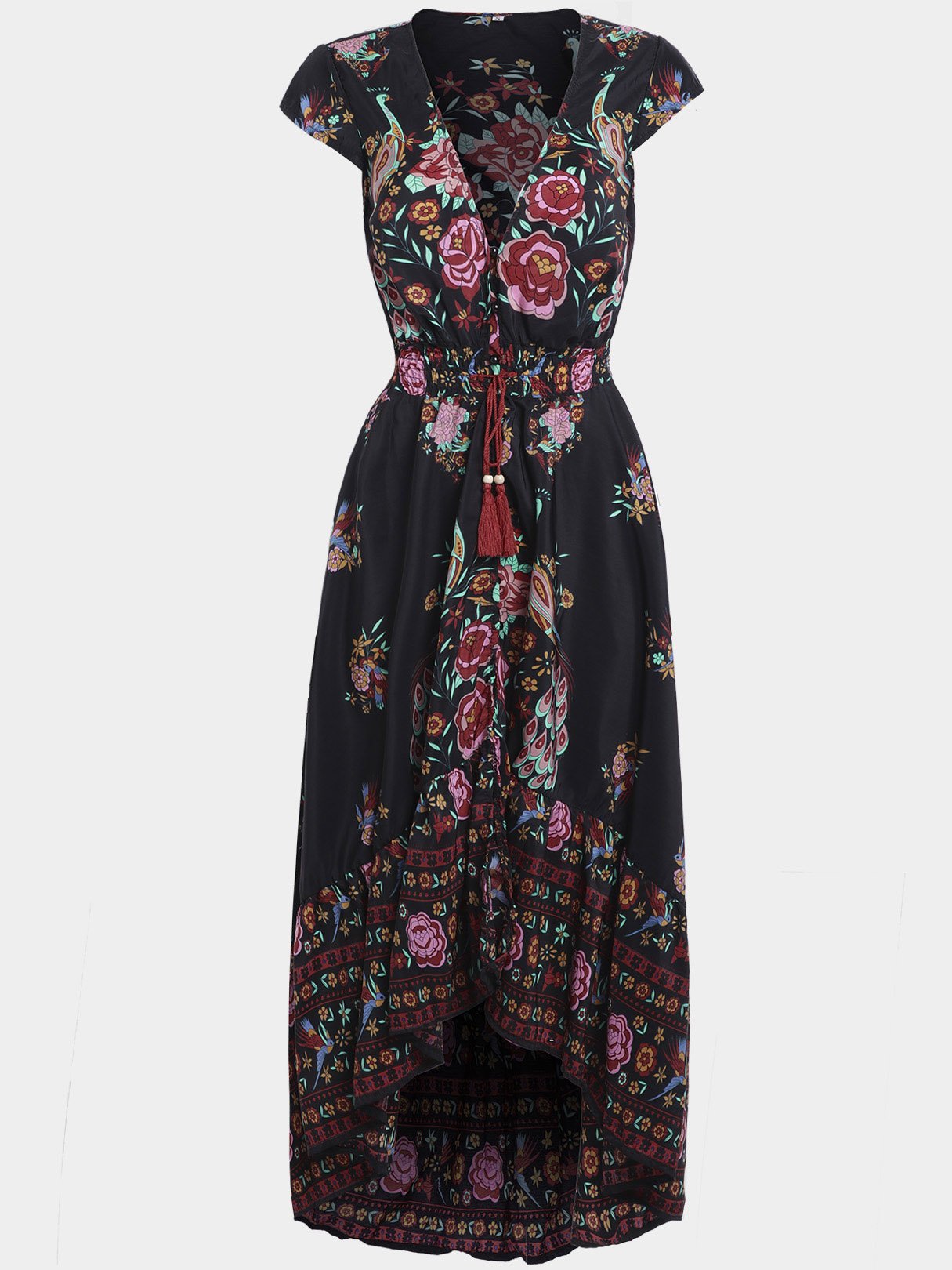 Wholesale Black V-Neck Floral Print Self-Tie Slit Hem Maxi Dress