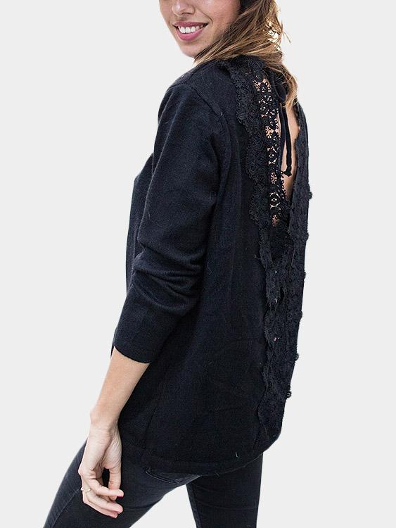 Wholesale Round Neck Lace Long Sleeve Black T-Shirts