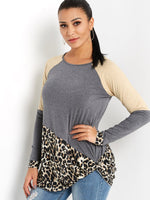 Wholesale Round Neck Leopard Long Sleeve Grey T-Shirts