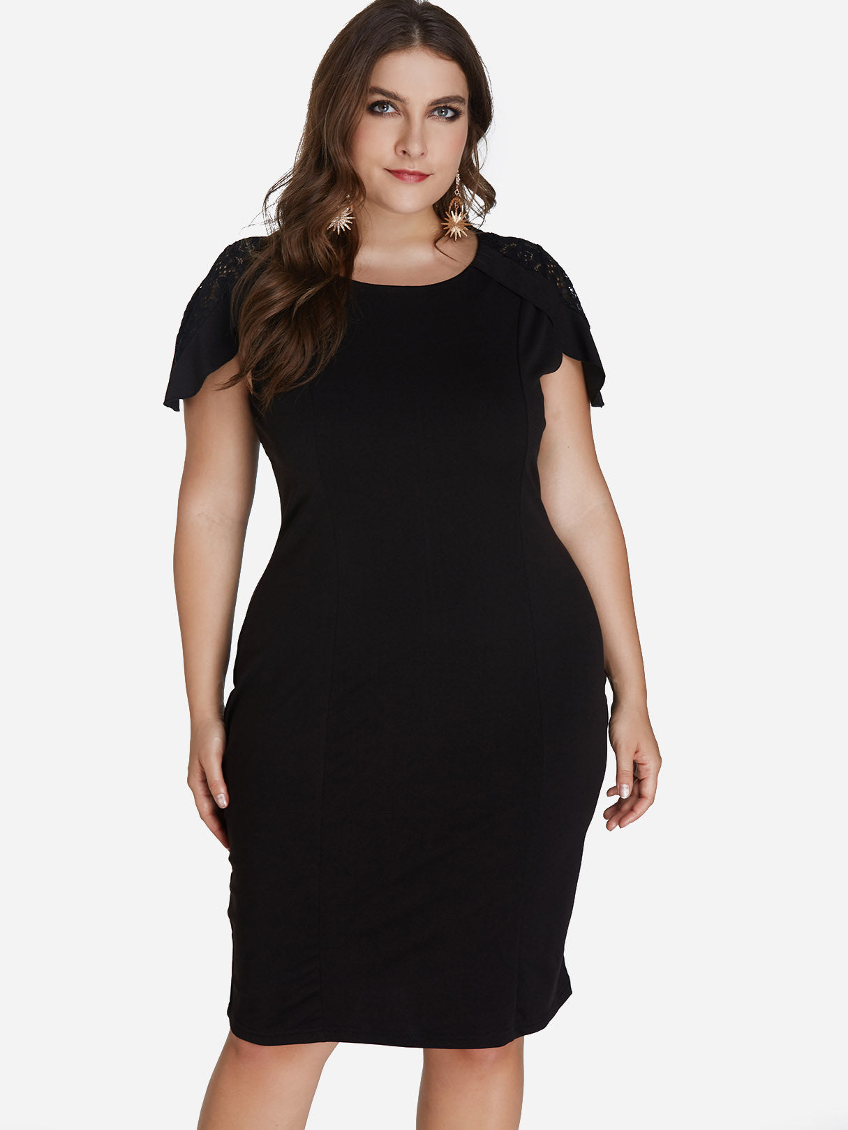 Wholesale Round Neck Plain Lace Hollow Short Sleeve Plus Size Dresses