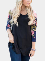 Wholesale Round Neck 3/4 Raglan Sleeves Floral Print Black Top